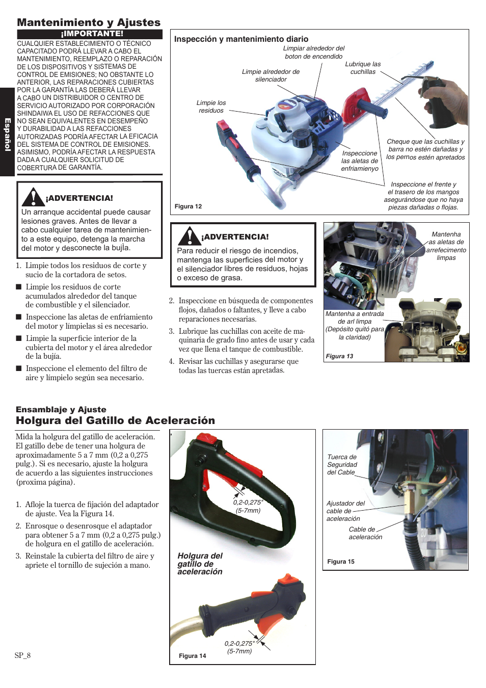 Mantenimiento y ajustes, Holgura del gatillo de aceleración | Shindaiwa 81650 User Manual | Page 24 / 48