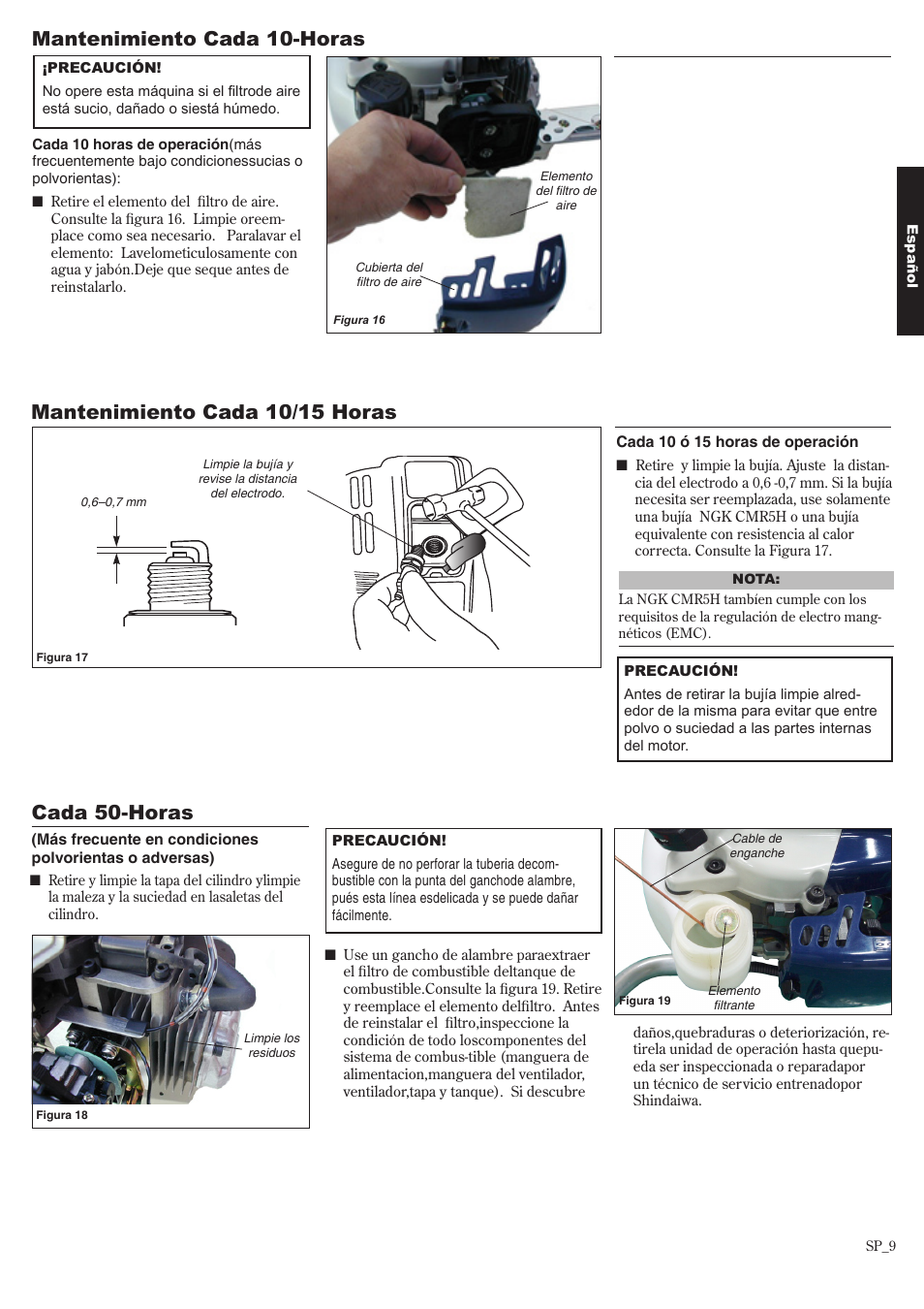 Mantenimiento cada 10-horas, Mantenimiento cada 10/15 horas, Cada 50-horas | Shindaiwa 81650 User Manual | Page 25 / 48