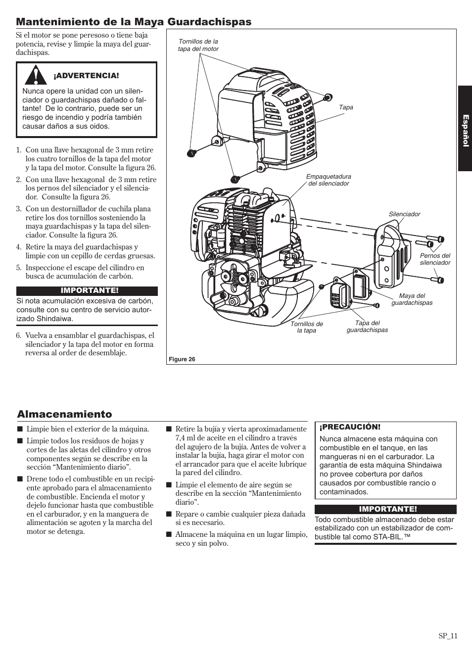 Almacenamiento, Mantenimiento de la maya guardachispas | Shindaiwa 81650 User Manual | Page 27 / 48