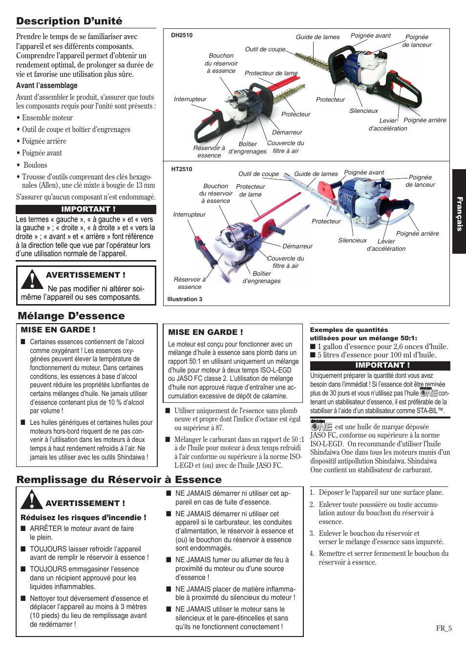Description d’unité, Mélange d’essence, Remplissage du réservoir à essence | Shindaiwa 81650 User Manual | Page 37 / 48