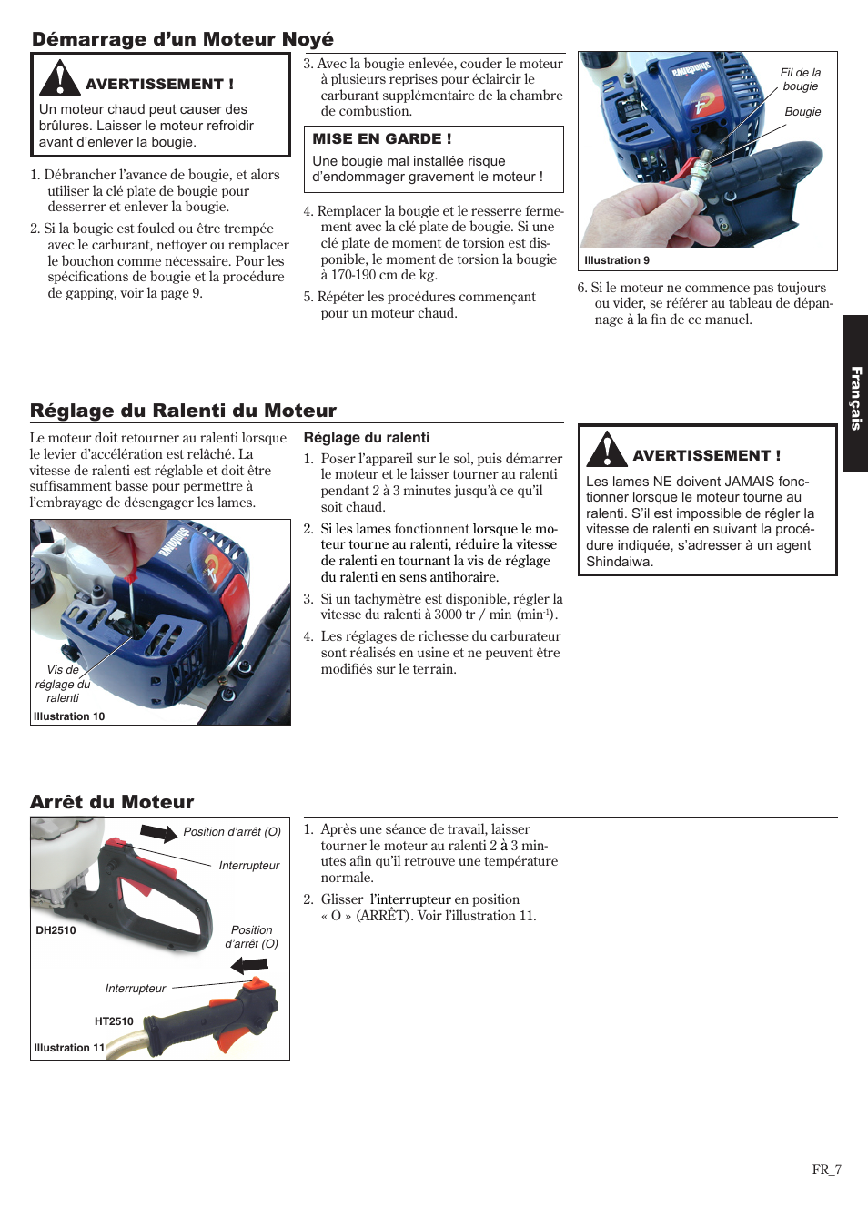Réglage du ralenti du moteur arrêt du moteur, Démarrage d’un moteur noyé | Shindaiwa 81650 User Manual | Page 39 / 48