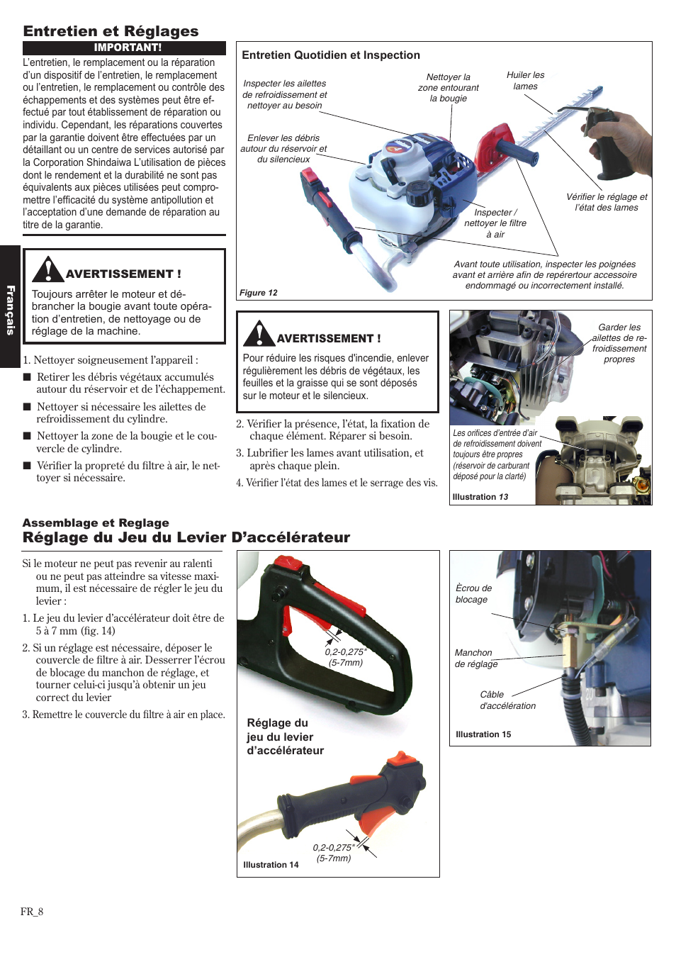 Entretien et réglages, Réglage du jeu du levier d’accélérateur | Shindaiwa 81650 User Manual | Page 40 / 48