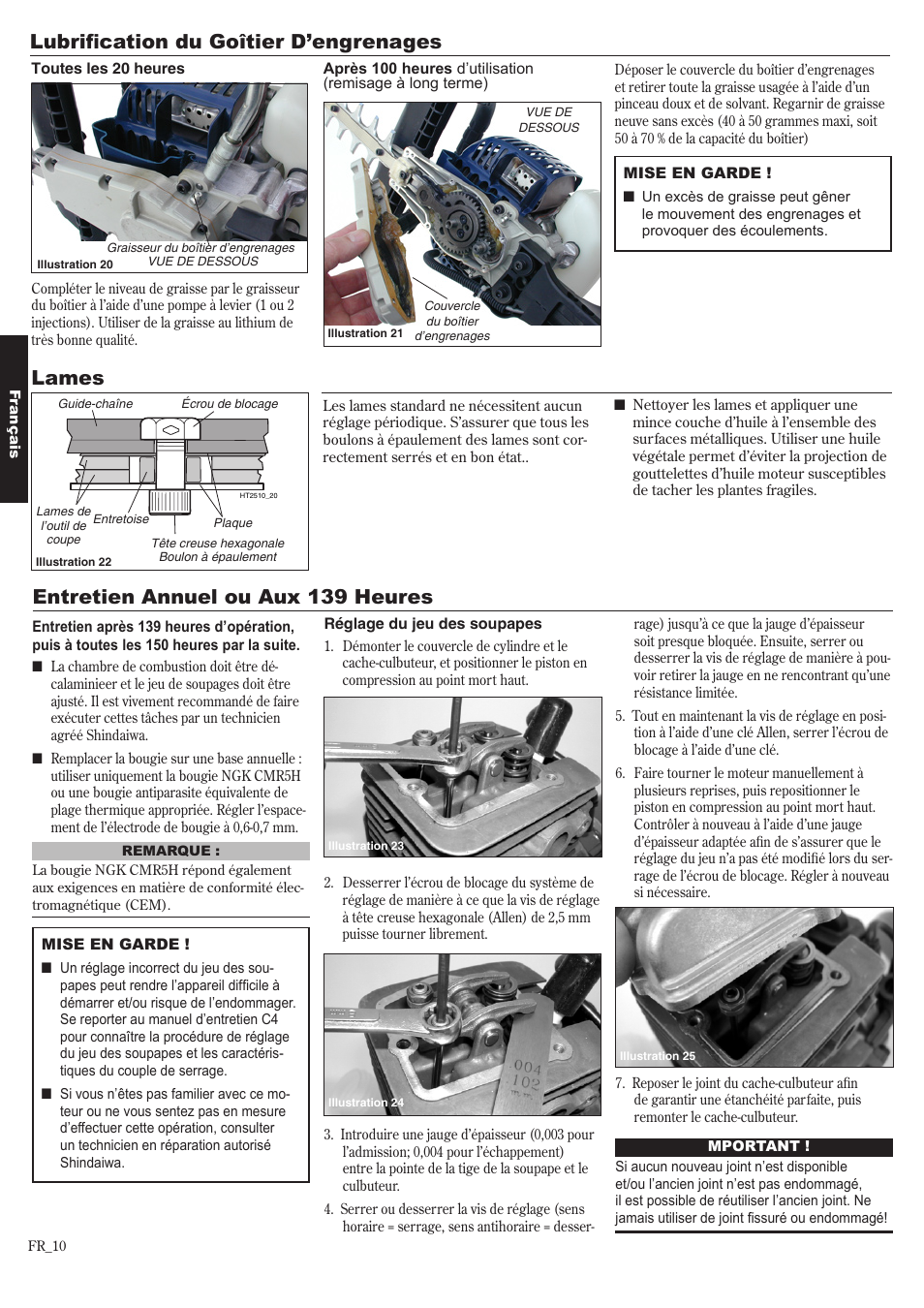 Lubrification du goîtier d’engrenages, Entretien annuel ou aux 139 heures, Lames | Shindaiwa 81650 User Manual | Page 42 / 48