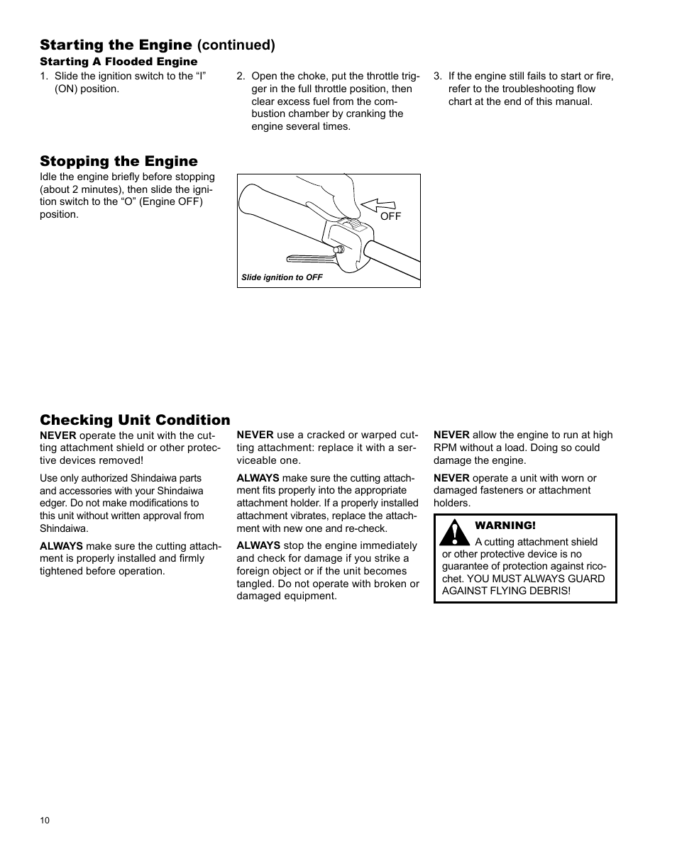 Starting the engine (continued), Stopping the engine, Checking unit condition | Shindaiwa X7502825800 User Manual | Page 10 / 28