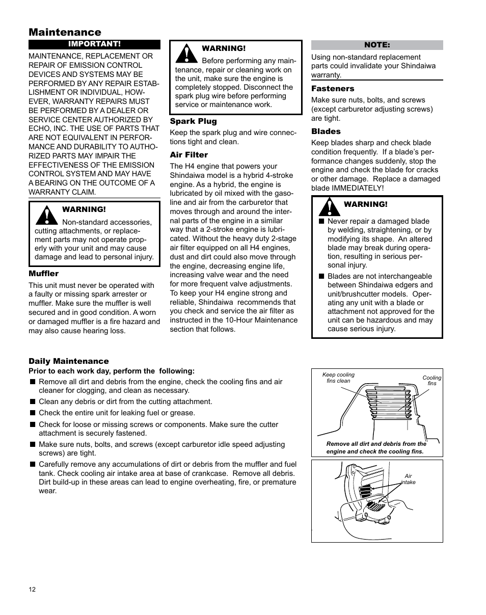 Maintenance | Shindaiwa X7502825800 User Manual | Page 12 / 28