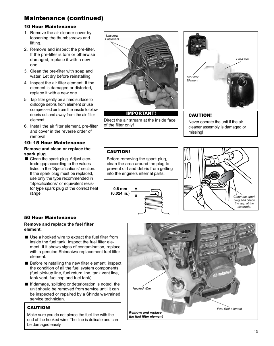 Maintenance (continued) | Shindaiwa X7502825800 User Manual | Page 13 / 28