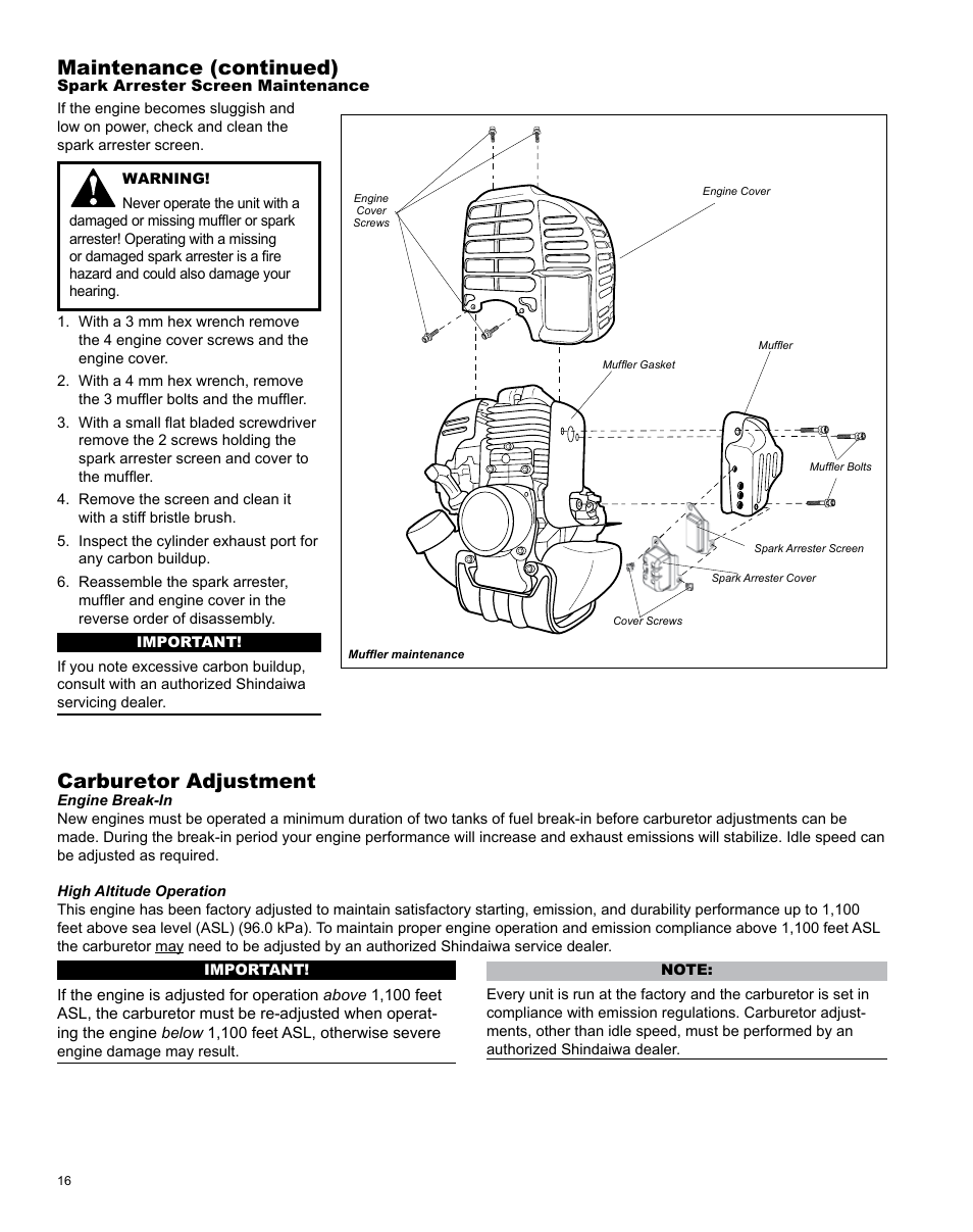 Maintenance (continued) carburetor adjustment | Shindaiwa X7502825800 User Manual | Page 16 / 28