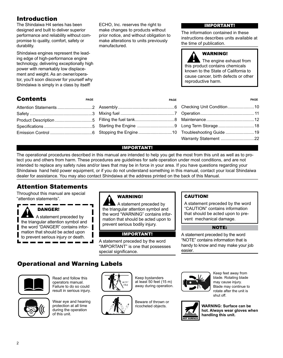 Introduction, Attention statements, Operational and warning labels contents | Shindaiwa X7502825800 User Manual | Page 2 / 28