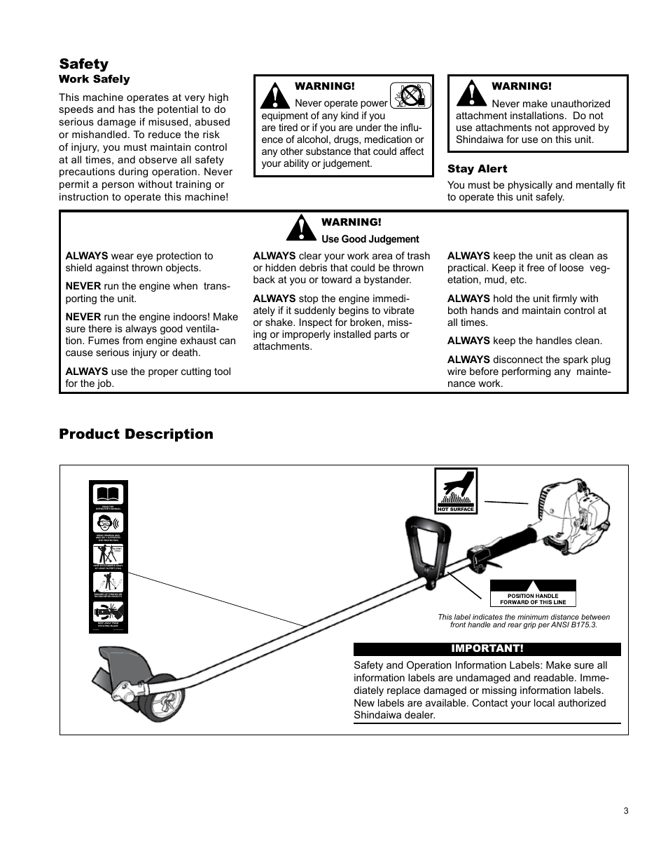 Safety, Product description | Shindaiwa X7502825800 User Manual | Page 3 / 28