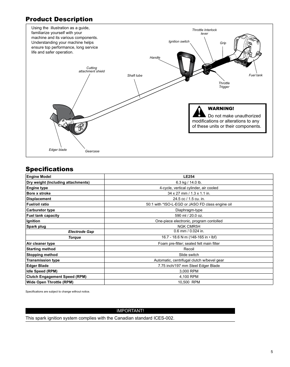 Product description, Specifications | Shindaiwa X7502825800 User Manual | Page 5 / 28