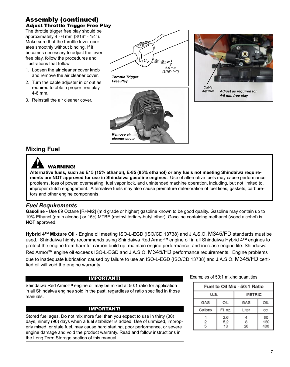 Mixing fuel, Assembly (continued), Fuel requirements | M345/fd | Shindaiwa X7502825800 User Manual | Page 7 / 28