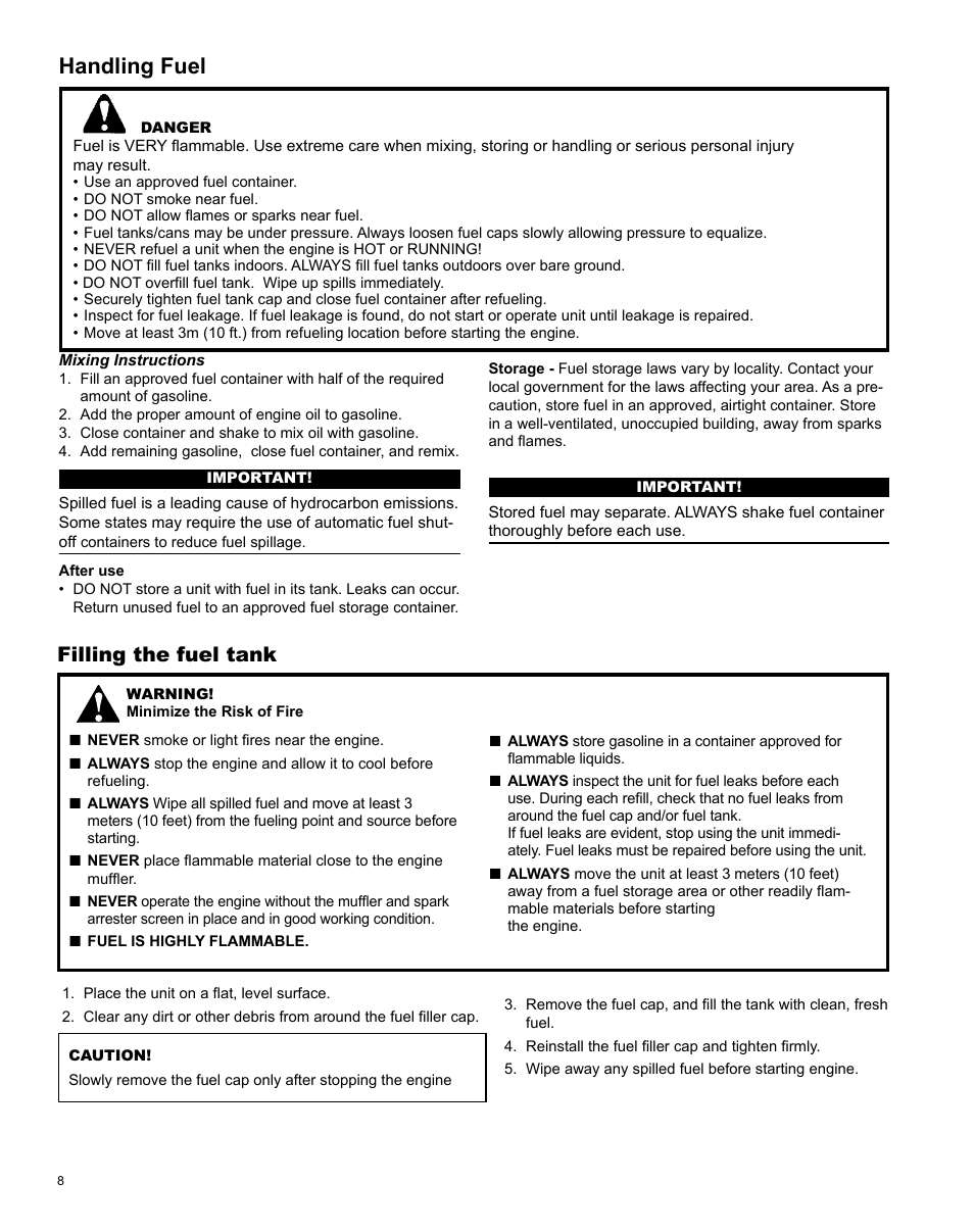 Handling fuel, Filling the fuel tank | Shindaiwa X7502825800 User Manual | Page 8 / 28