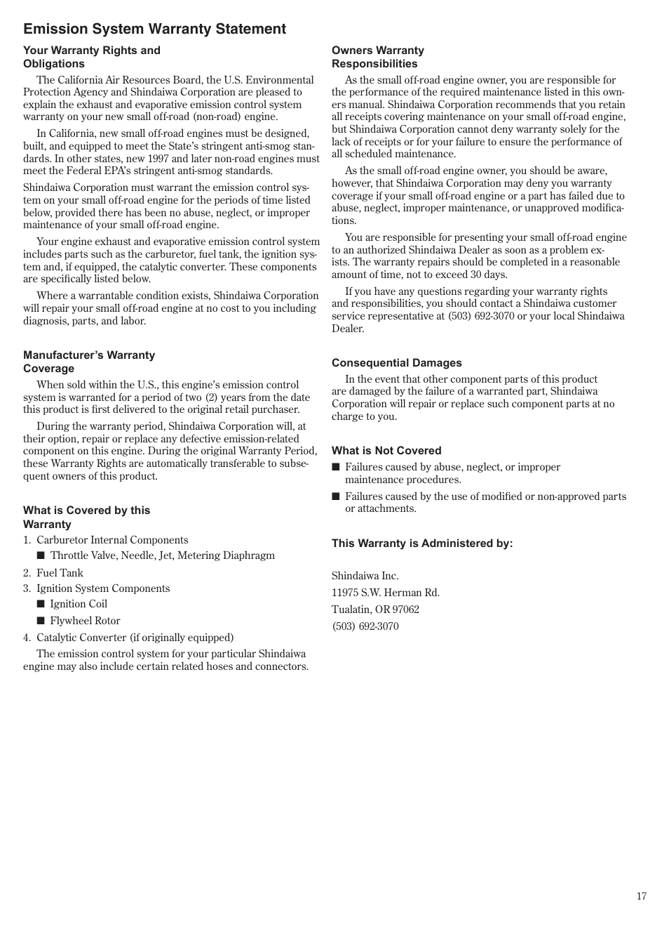 Emission system warranty statement | Shindaiwa 81604 User Manual | Page 17 / 36