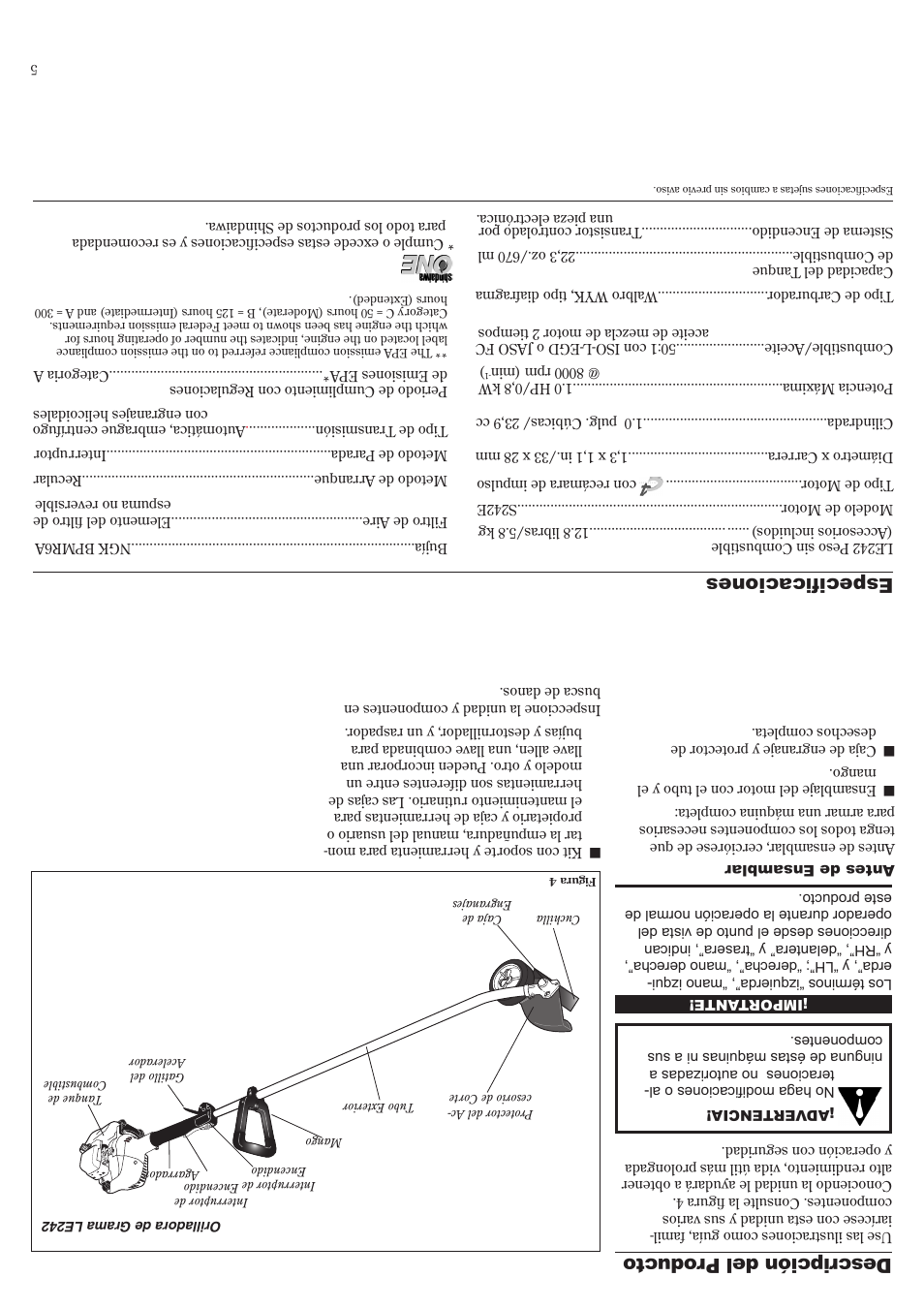 Des cri pci ón del p rod uct o, Especificaciones | Shindaiwa 81604 User Manual | Page 32 / 36