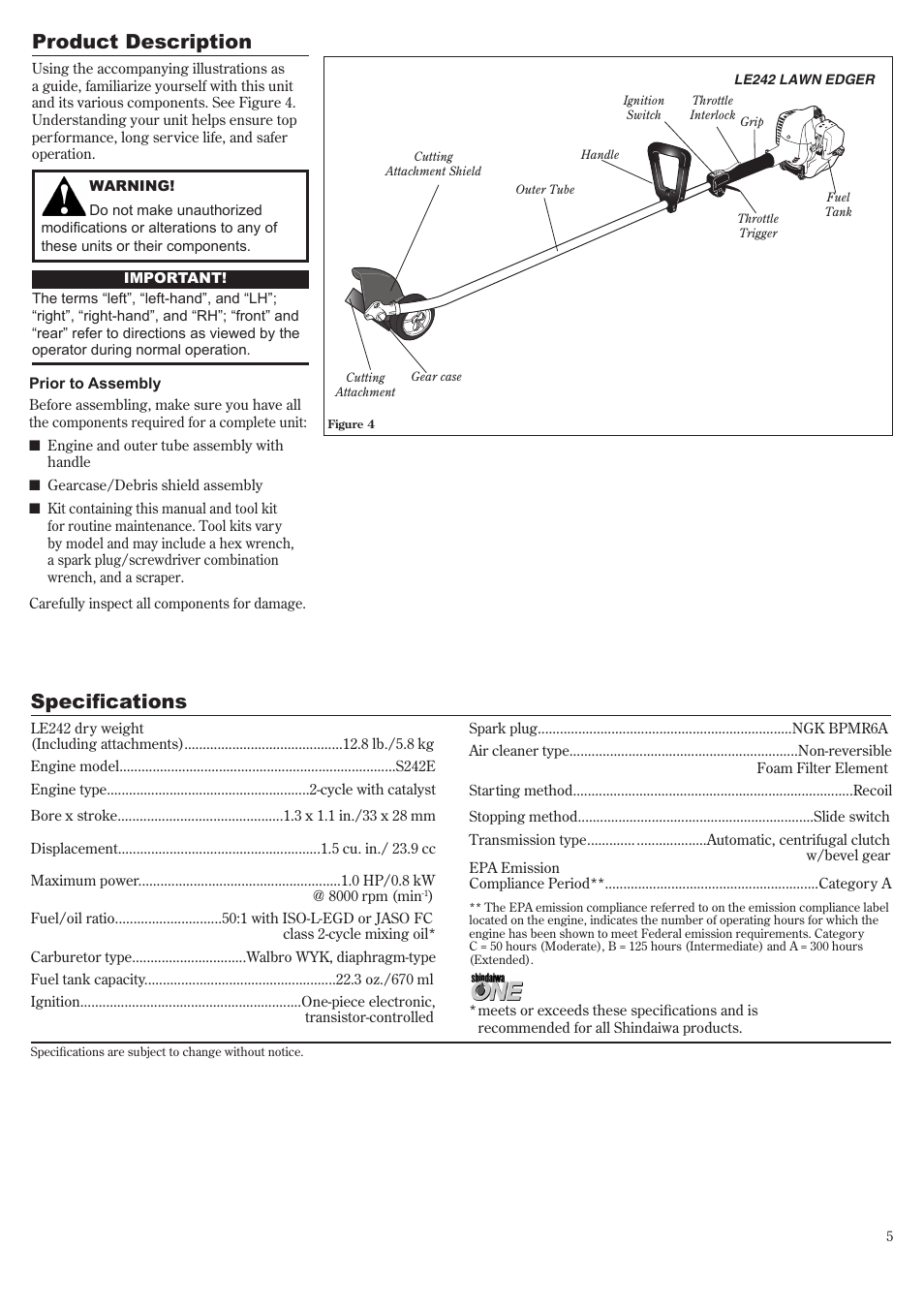 Product description, Specifications | Shindaiwa 81604 User Manual | Page 5 / 36