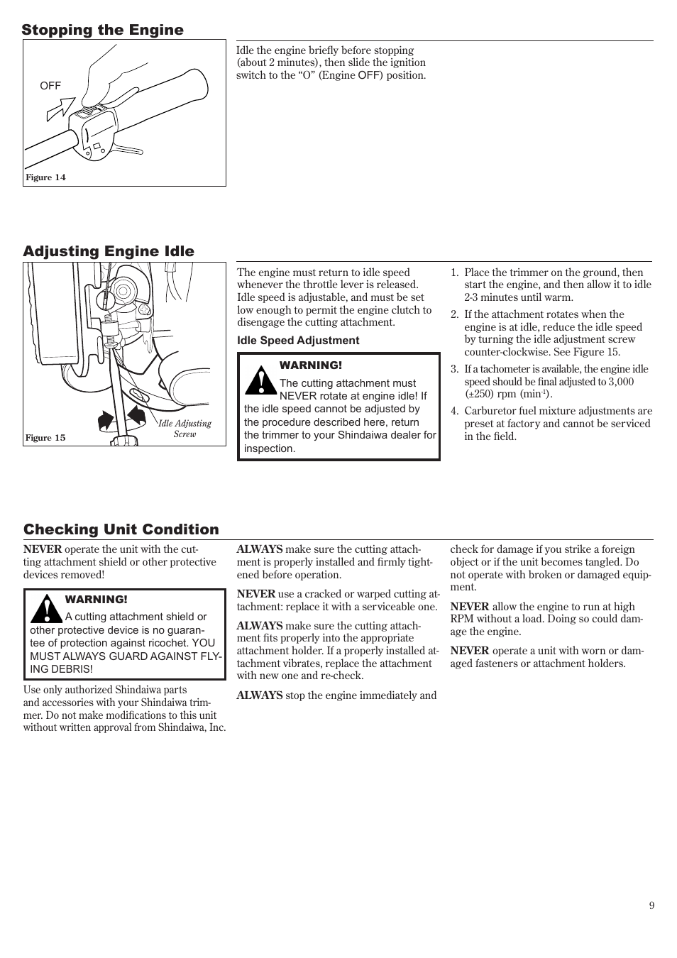 Stopping the engine adjusting engine idle, Checking unit condition | Shindaiwa 81604 User Manual | Page 9 / 36