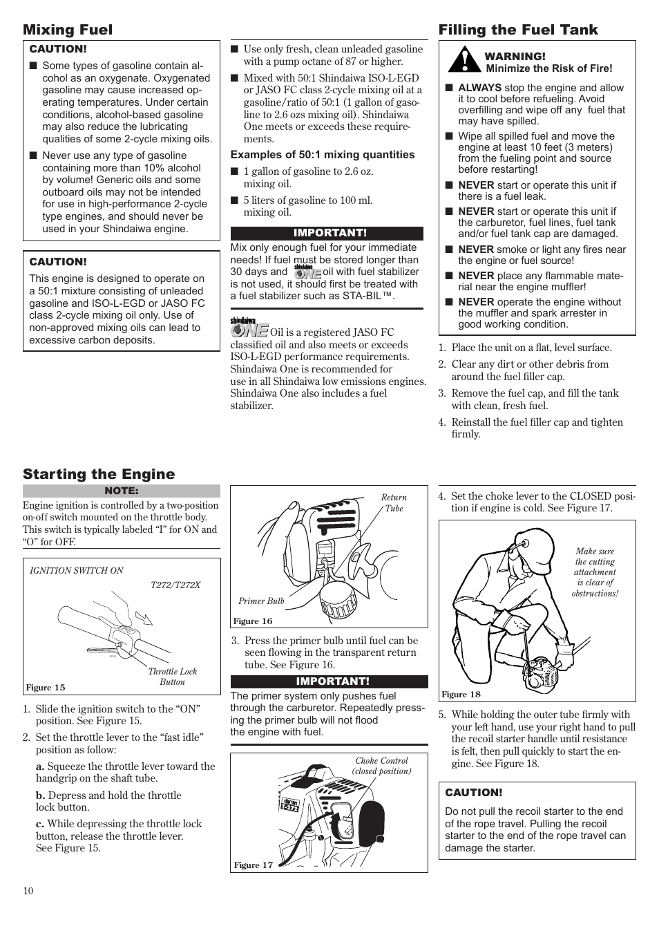 Mixing fuel, Starting the engine, Filling the fuel tank | Shindaiwa 81010 User Manual | Page 10 / 40