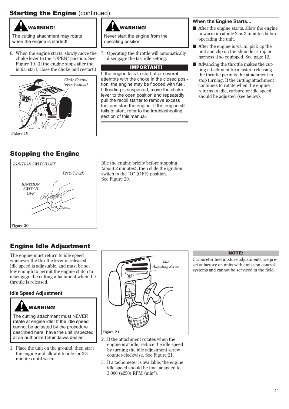 Starting the engine (continued), Stopping the engine, Engine idle adjustment | Shindaiwa 81010 User Manual | Page 11 / 40