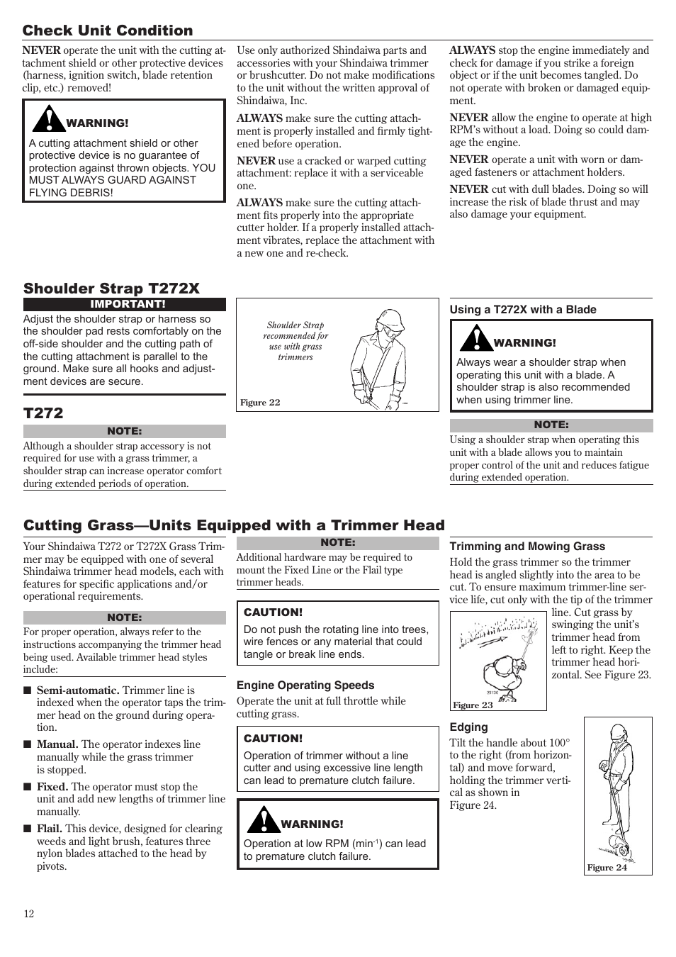 Check unit condition, Shoulder strap t272x, Cutting grass—units equipped with a trimmer head | T272 | Shindaiwa 81010 User Manual | Page 12 / 40