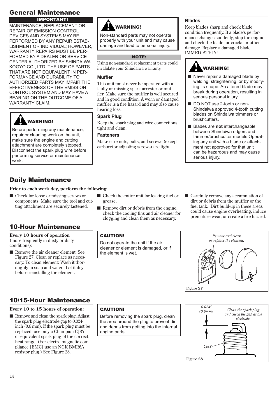 10/15-hour maintenance general maintenance, Daily maintenance, Hour maintenance | Shindaiwa 81010 User Manual | Page 14 / 40