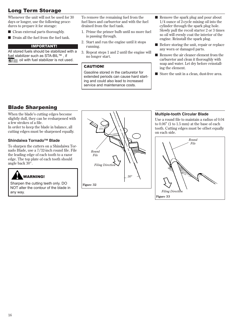 Long term storage, Blade sharpening | Shindaiwa 81010 User Manual | Page 16 / 40