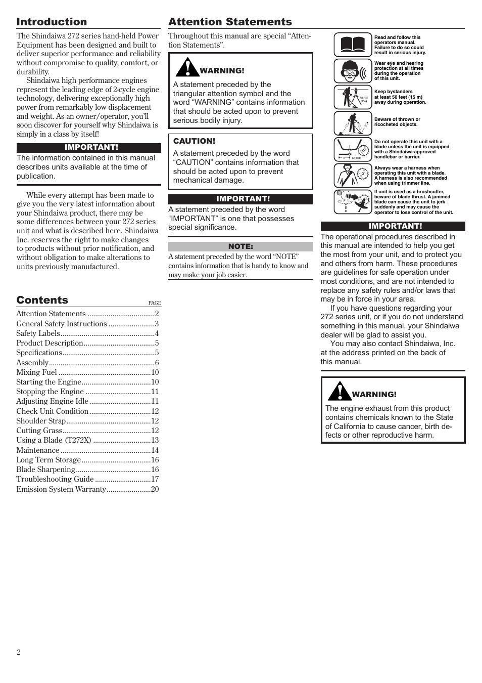 Attention statements contents, Introduction | Shindaiwa 81010 User Manual | Page 2 / 40