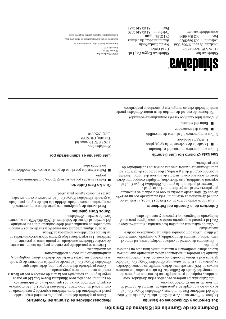 Declaración de garantía del sistema de emisión | Shindaiwa 81010 User Manual | Page 21 / 40