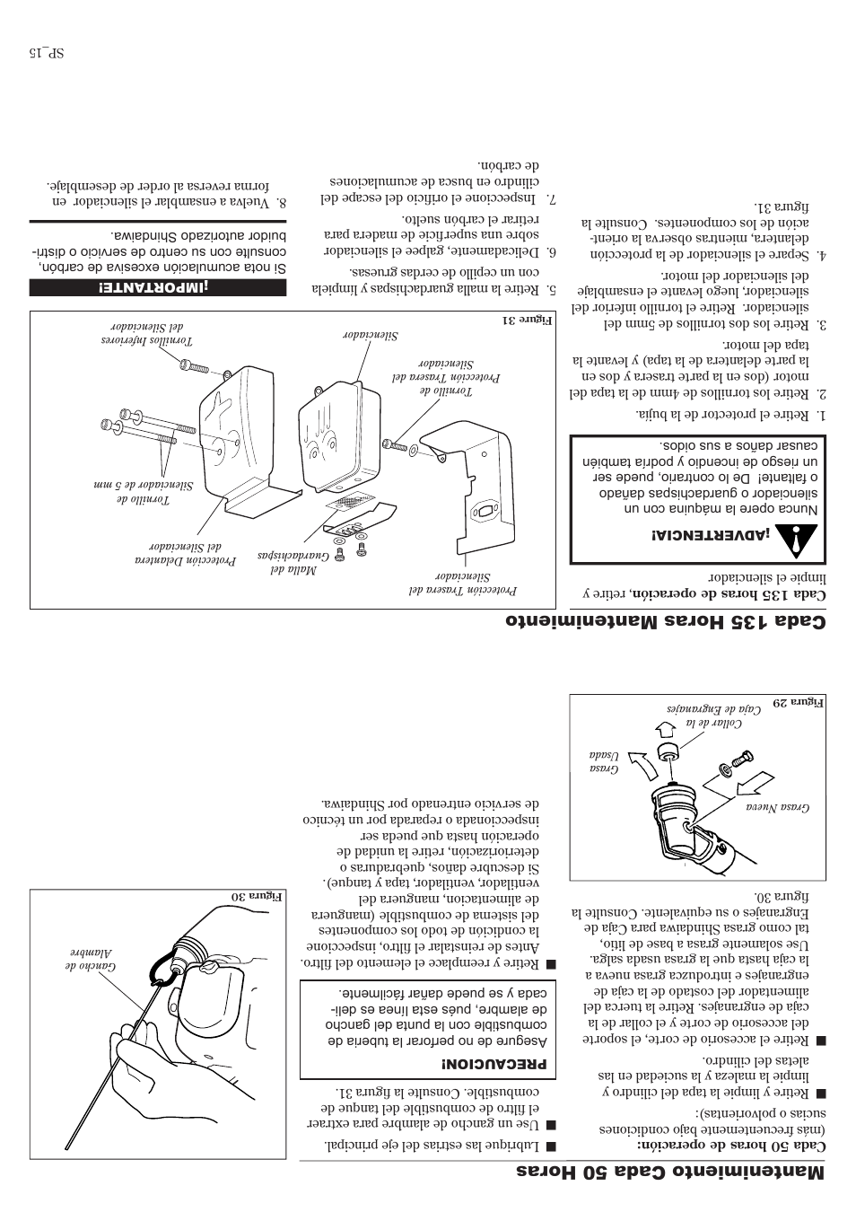 Mantenimiento cada 50 horas, Cada 135 horas mantenimiento | Shindaiwa 81010 User Manual | Page 26 / 40