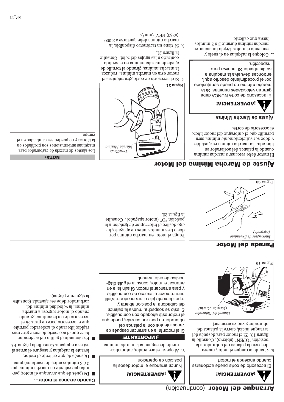 Arranque del motor (continuación), Par ada del motor, Ajuste de marcha mínima del motor | Shindaiwa 81010 User Manual | Page 30 / 40