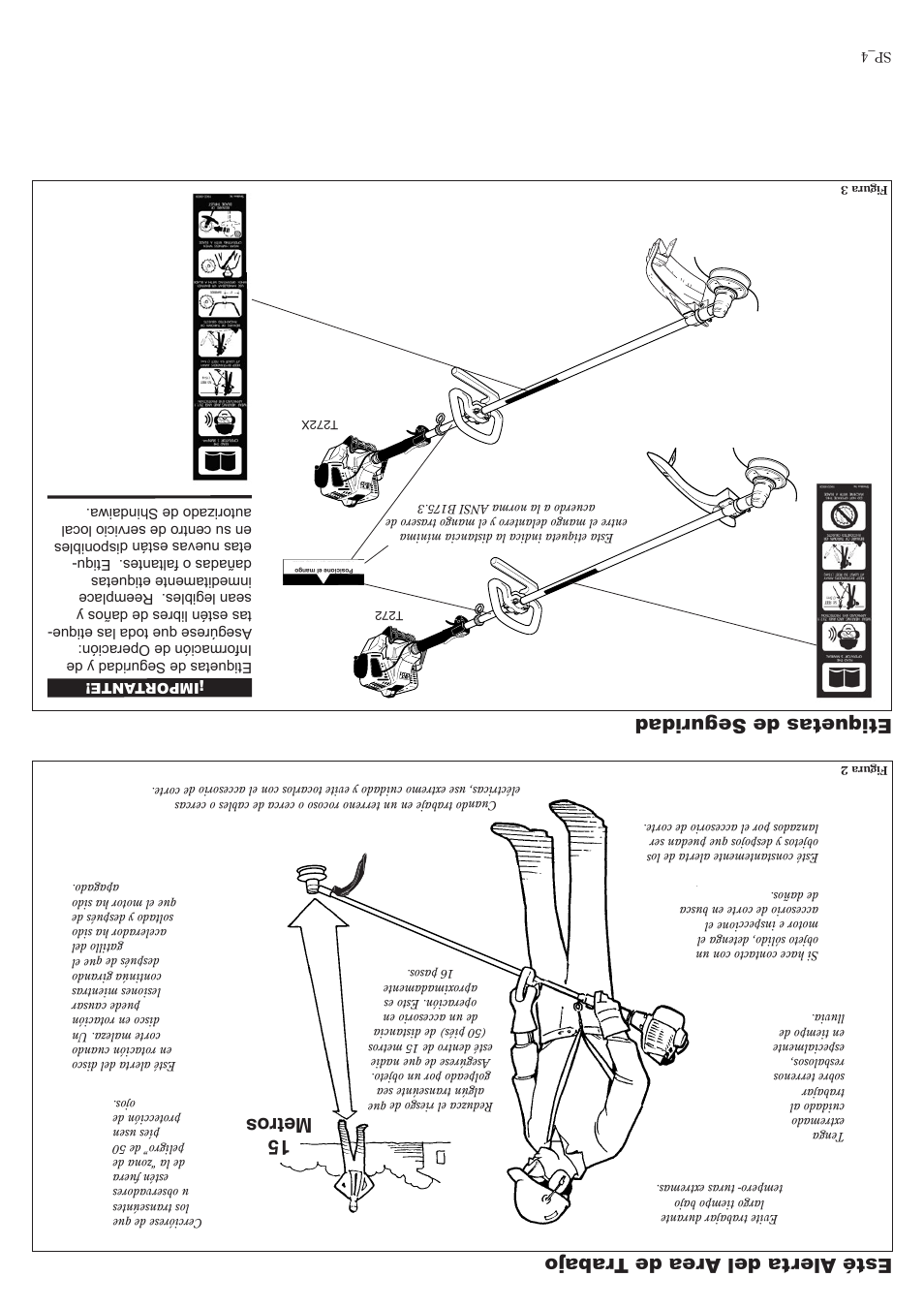 Etiquetas de seguridad, Esté alerta del ar ea de tra bajo, 15 metros | Shindaiwa 81010 User Manual | Page 37 / 40