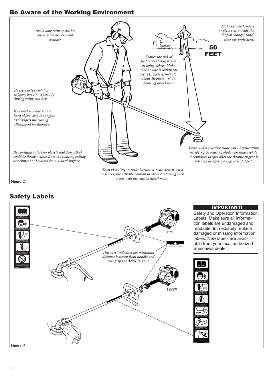 Safety labels, Be aware of the working environment, 50 feet | Shindaiwa 81010 User Manual | Page 4 / 40