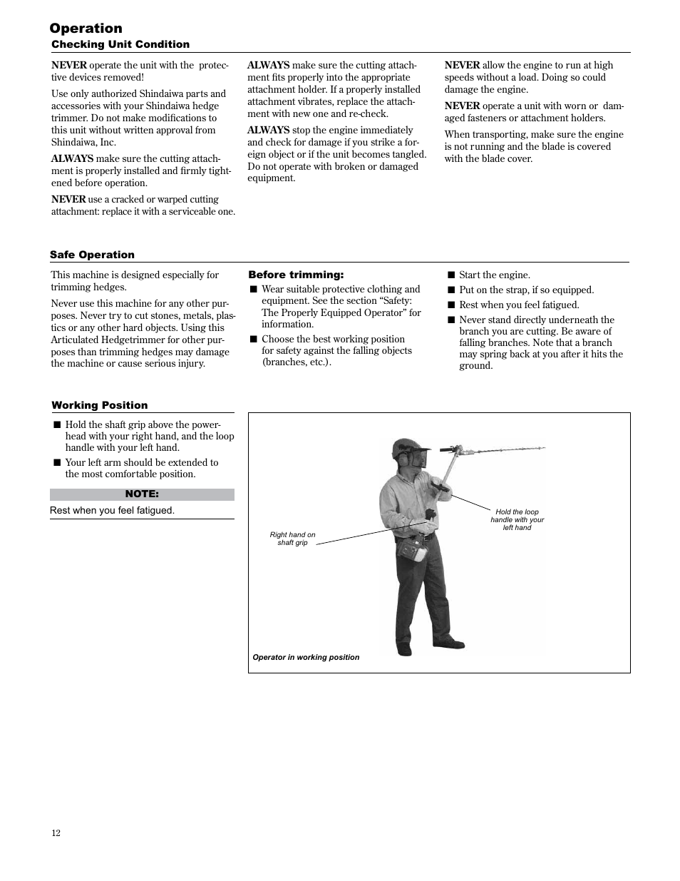 Operation | Shindaiwa AHS2510/EVC User Manual | Page 12 / 72