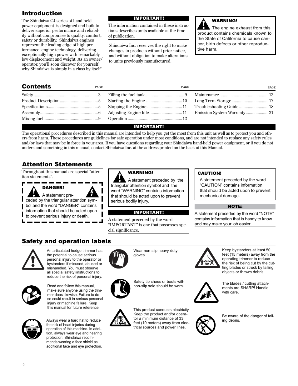 Introduction, Attention statements, Safety and operation labels contents | Shindaiwa AHS2510/EVC User Manual | Page 2 / 72
