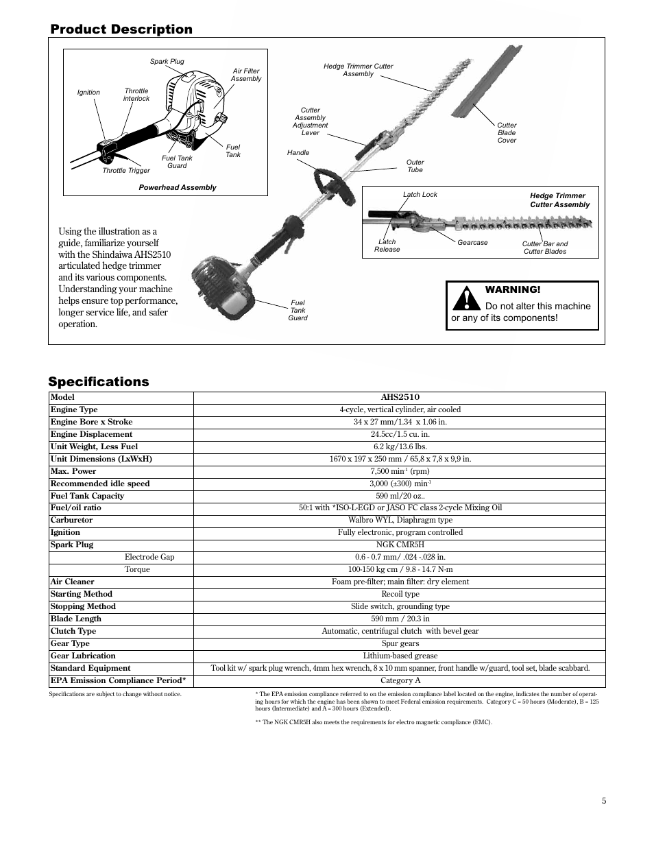 Product description, 6shflàfdwlrqv | Shindaiwa AHS2510/EVC User Manual | Page 5 / 72