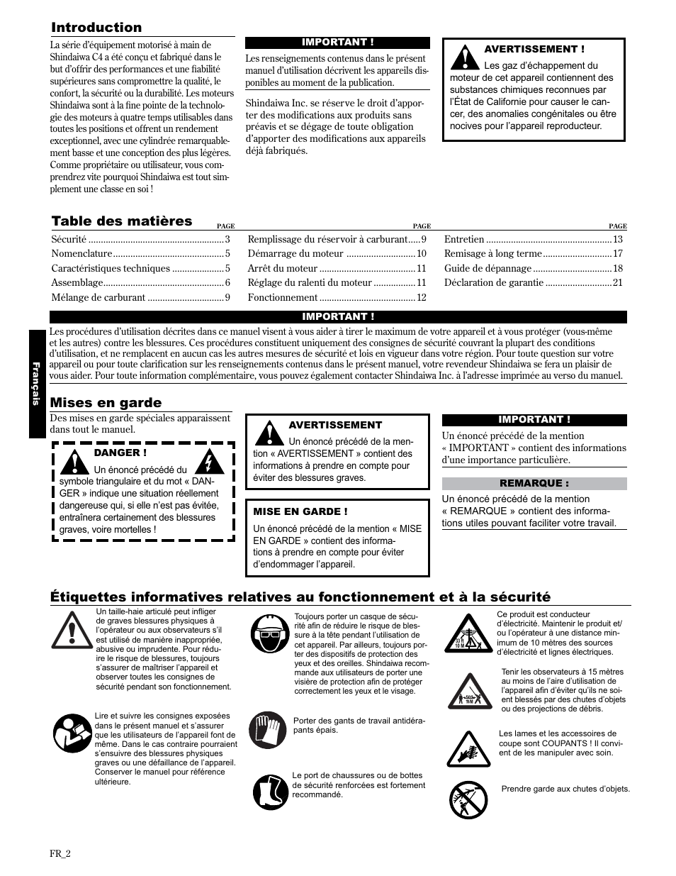 Mises en garde introduction | Shindaiwa AHS2510/EVC User Manual | Page 50 / 72