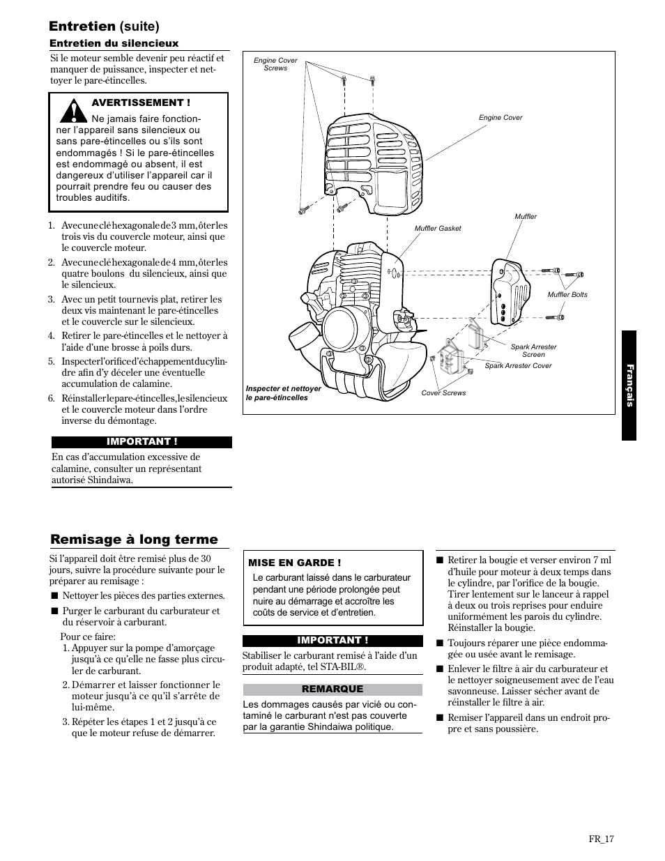 Entretien (suite), Remisage à long terme | Shindaiwa AHS2510/EVC User Manual | Page 65 / 72