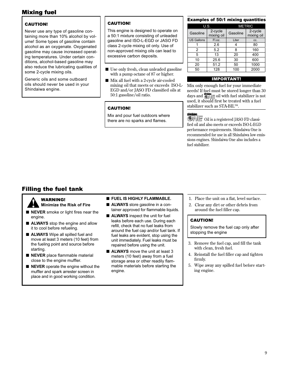 Mixing fuel filling the fuel tank, Mixing fuel | Shindaiwa AHS2510/EVC User Manual | Page 9 / 72