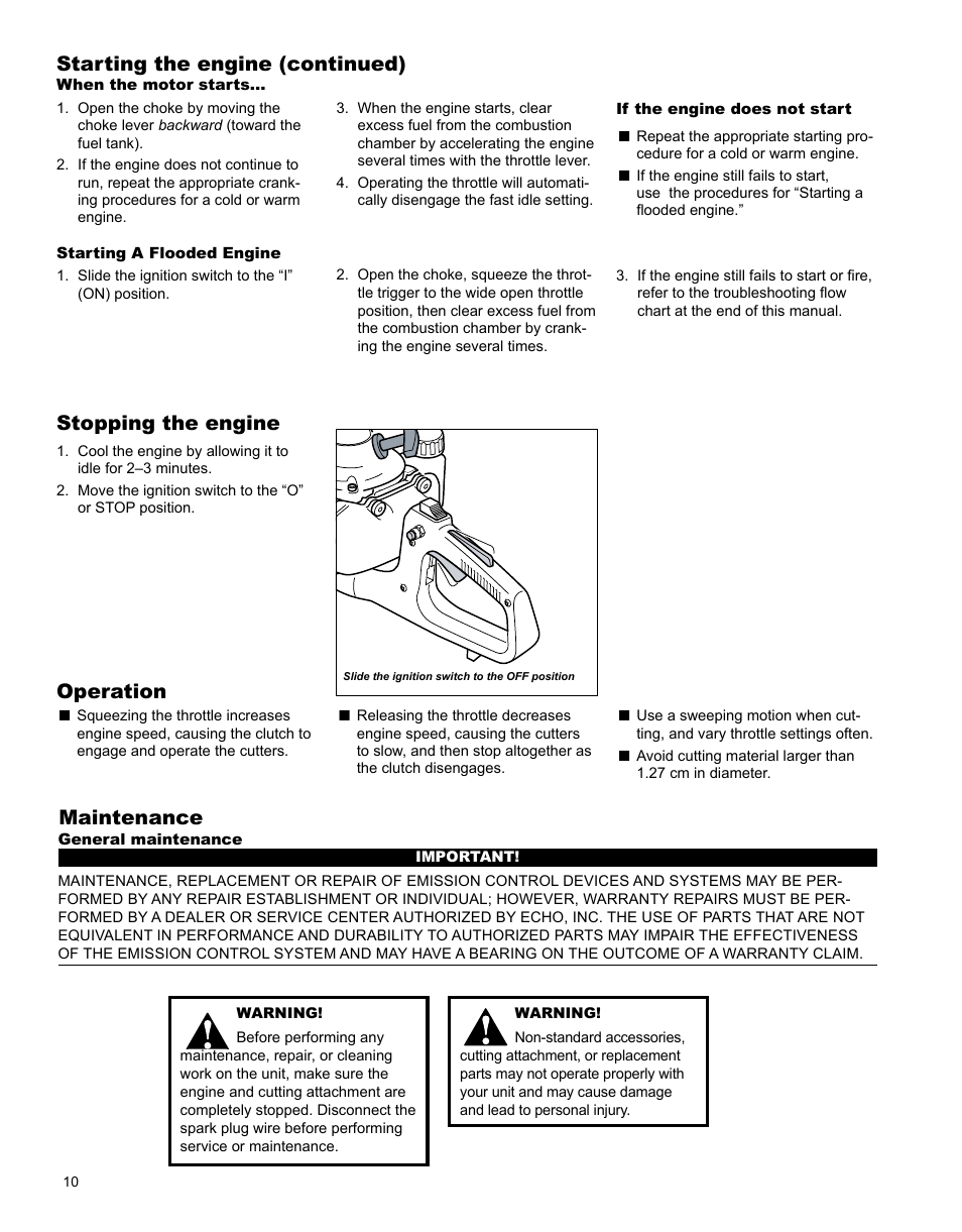 Stopping the engine, Operation starting the engine (continued), Maintenance | Shindaiwa X7502862900 User Manual | Page 10 / 24