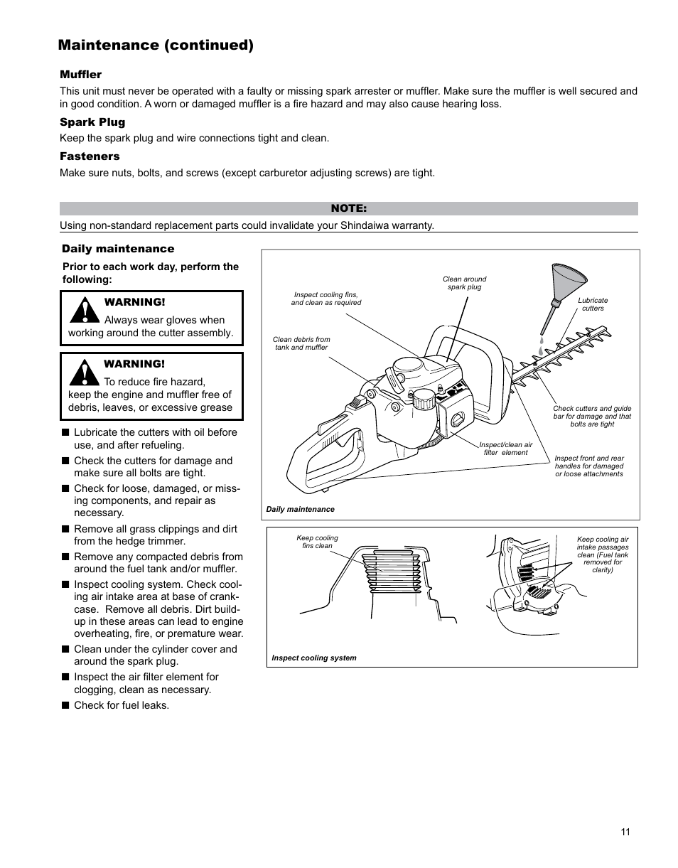 Maintenance (continued), Maintenance | Shindaiwa X7502862900 User Manual | Page 11 / 24