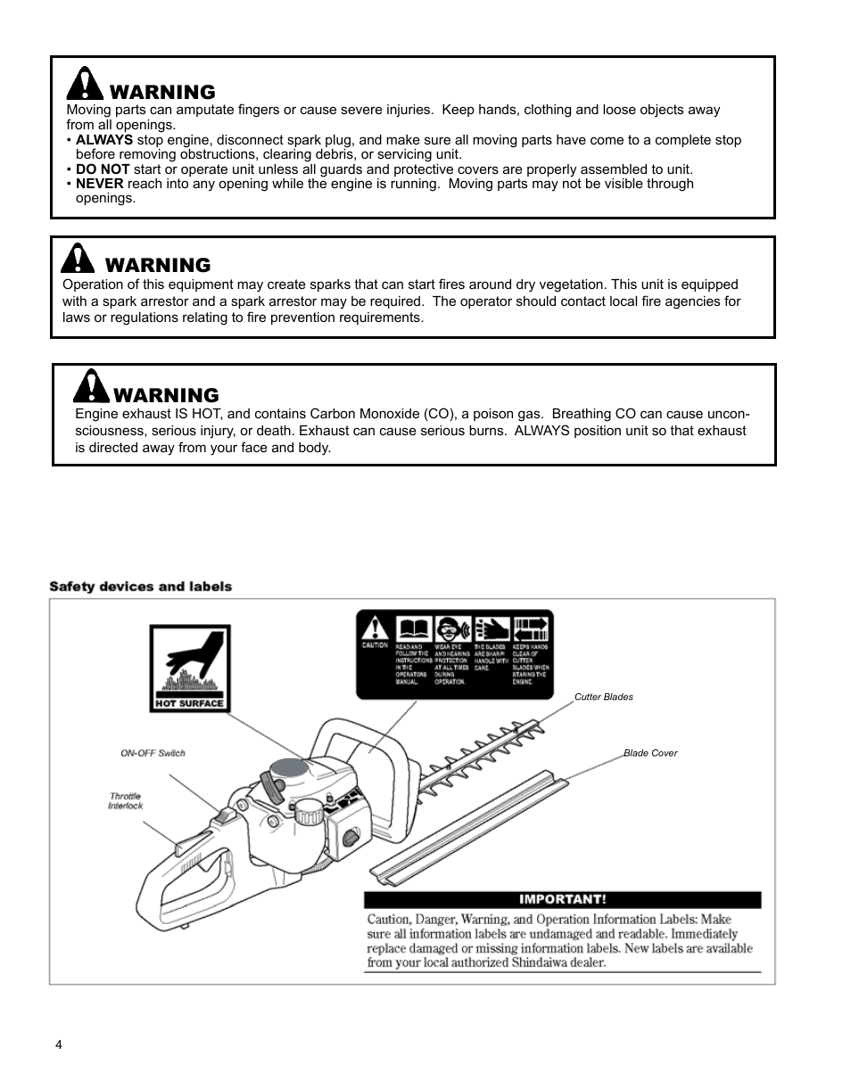 Warning | Shindaiwa X7502862900 User Manual | Page 4 / 24