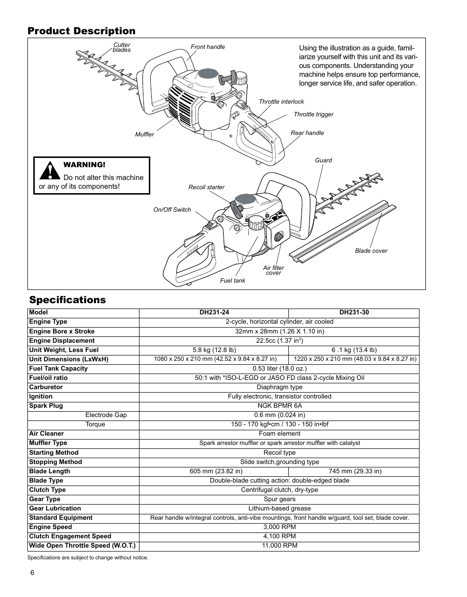 Product description specifications | Shindaiwa X7502862900 User Manual | Page 6 / 24