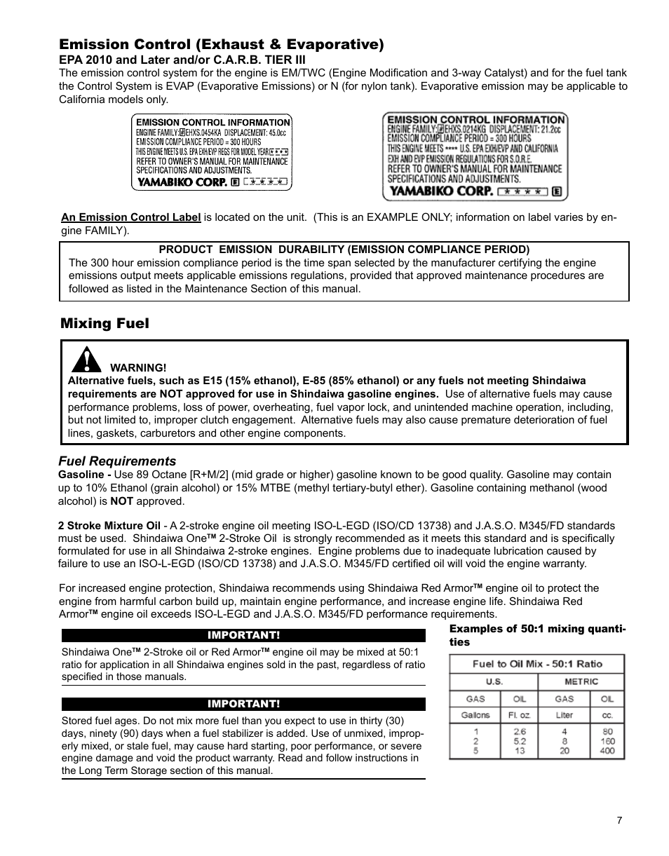 Emission control (exhaust & evaporative), Mixing fuel | Shindaiwa X7502862900 User Manual | Page 7 / 24