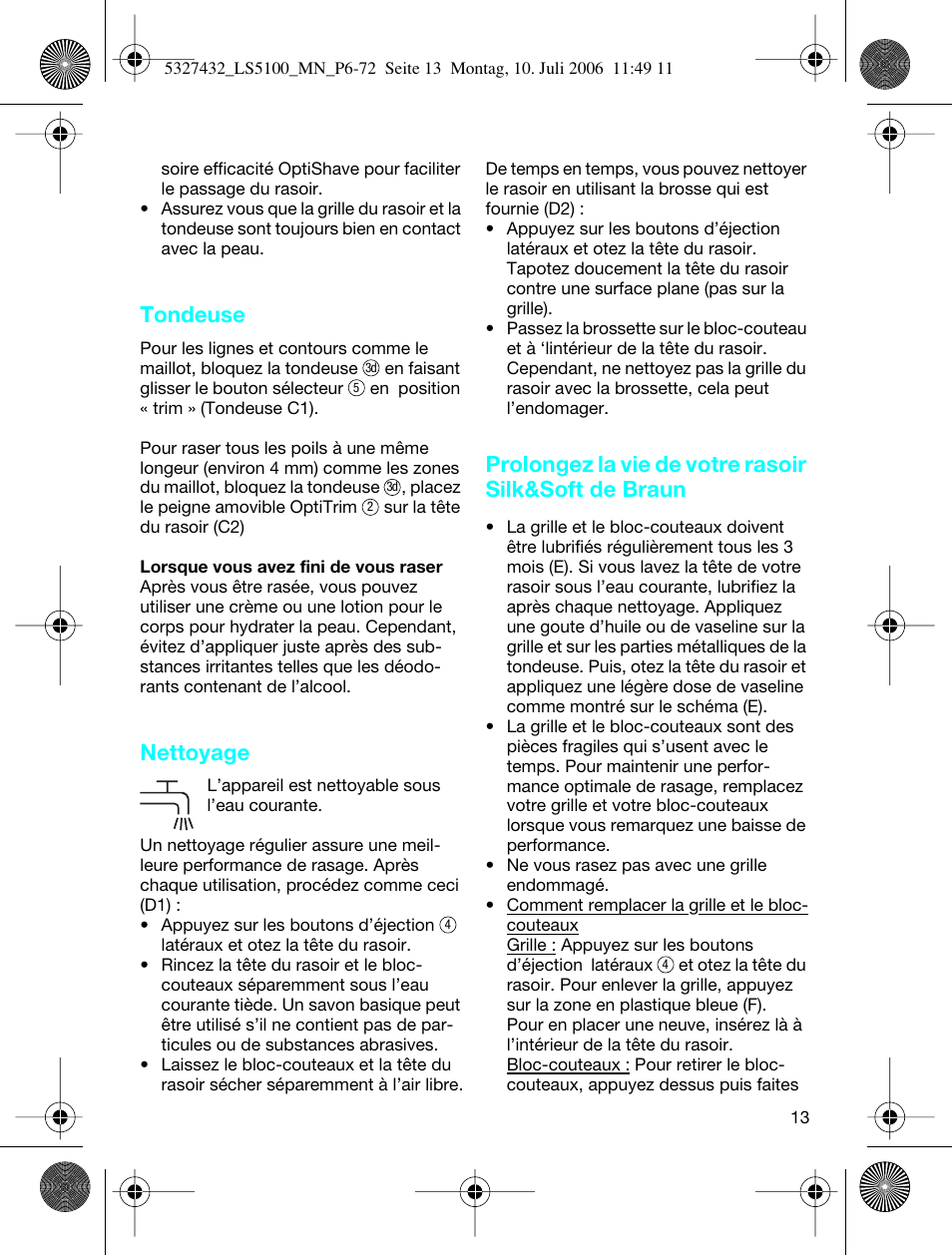 Tondeuse, Nettoyage | Braun LS 5100 User Manual | Page 12 / 66
