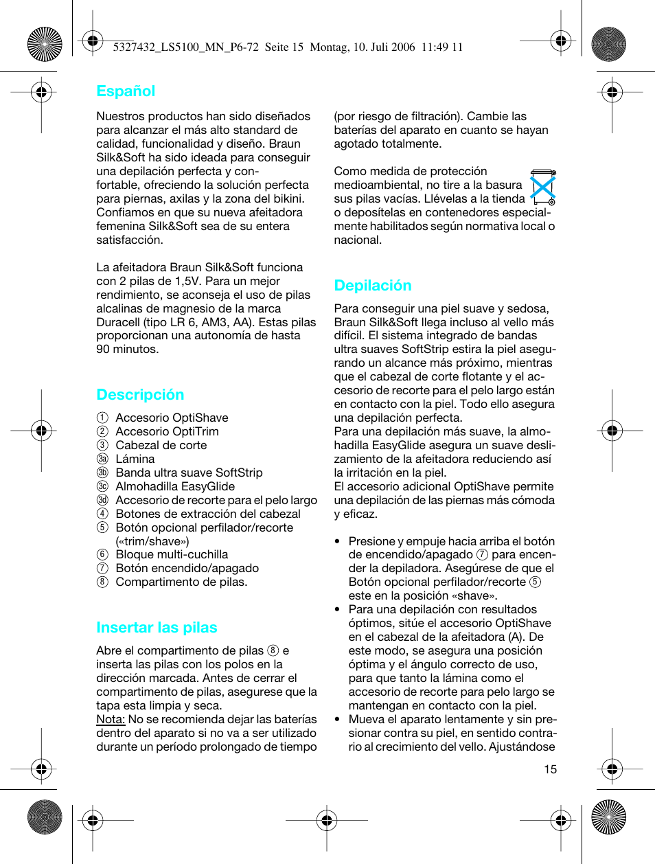 Descripción, Insertar las pilas, Depilación | Español | Braun LS 5100 User Manual | Page 14 / 66