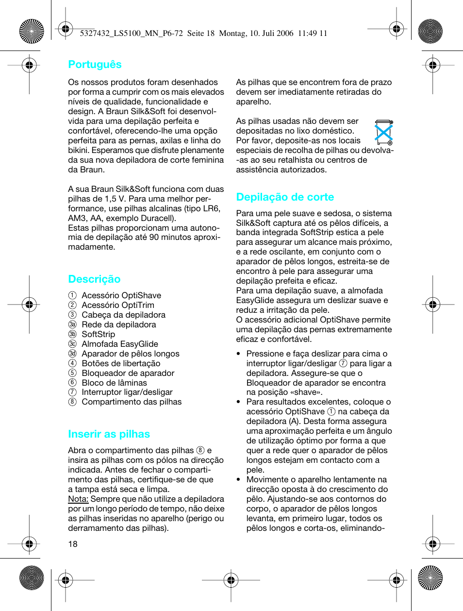 Descrição, Inserir as pilhas, Depilação de corte | Português | Braun LS 5100 User Manual | Page 17 / 66