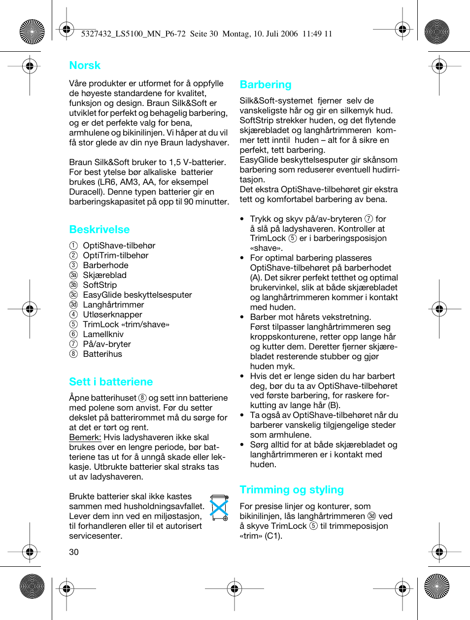 Beskrivelse, Sett i batteriene, Barbering | Trimming og styling, Norsk | Braun LS 5100 User Manual | Page 29 / 66