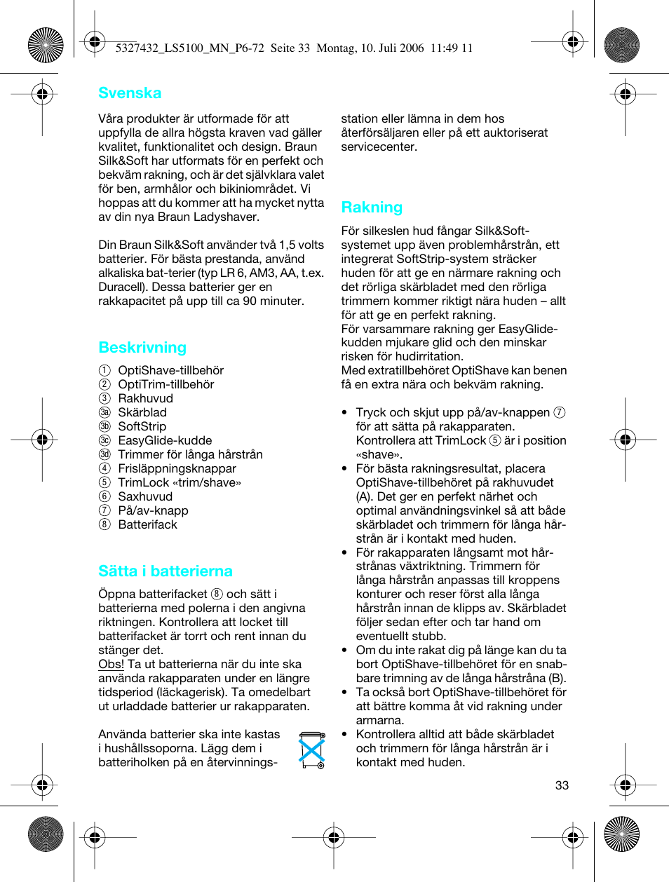 Svenska, Beskrivning, Sätta i batterierna | Rakning | Braun LS 5100 User Manual | Page 32 / 66