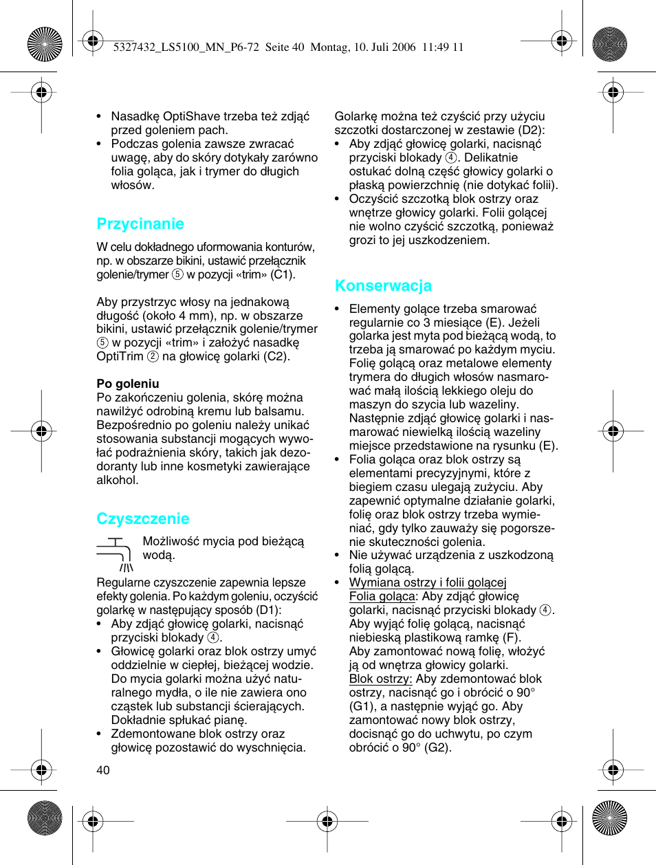 Przycinanie, Czyszczenie, Konserwacja | Braun LS 5100 User Manual | Page 39 / 66