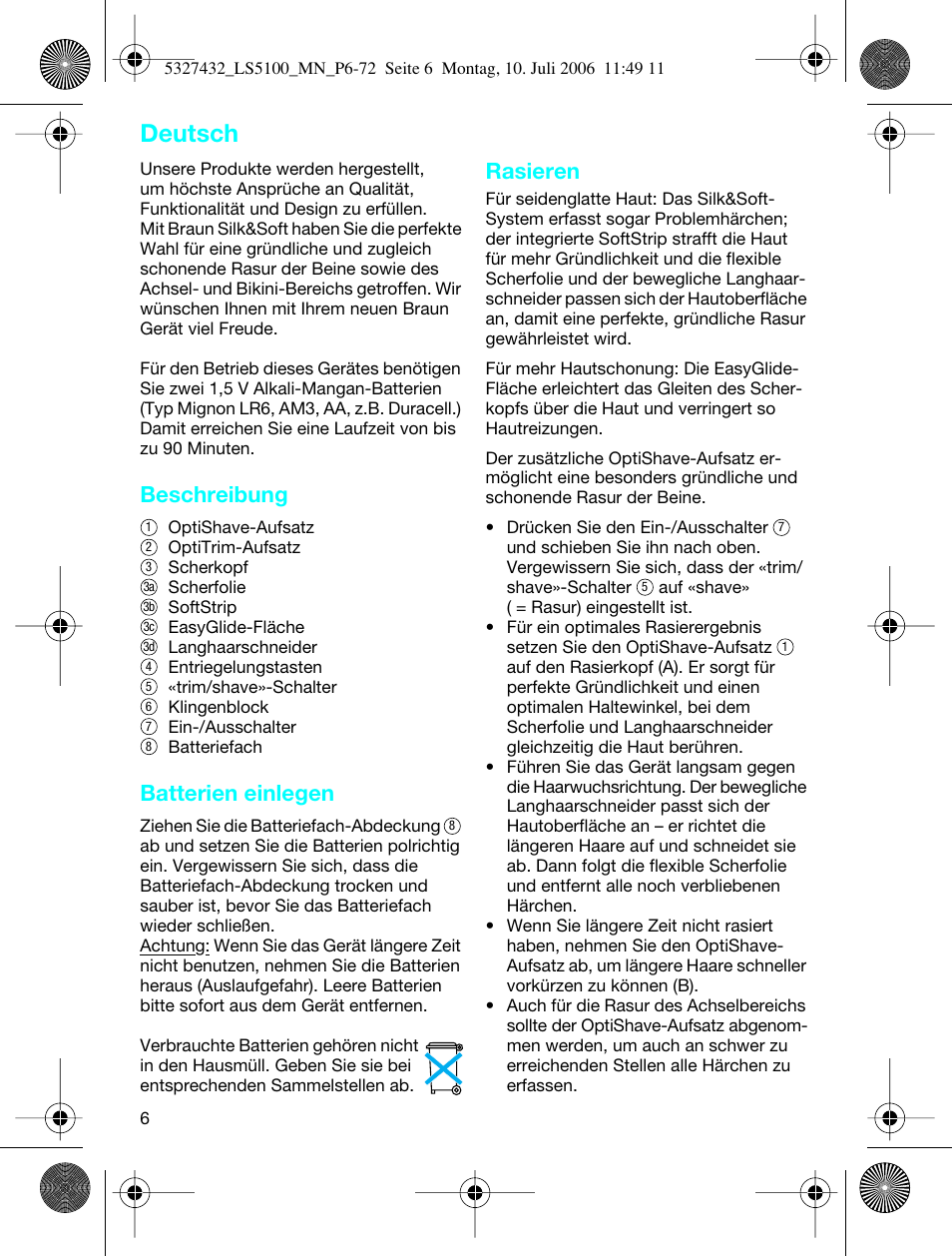 Deutsch, Beschreibung, Batterien einlegen | Rasieren | Braun LS 5100 User Manual | Page 5 / 66