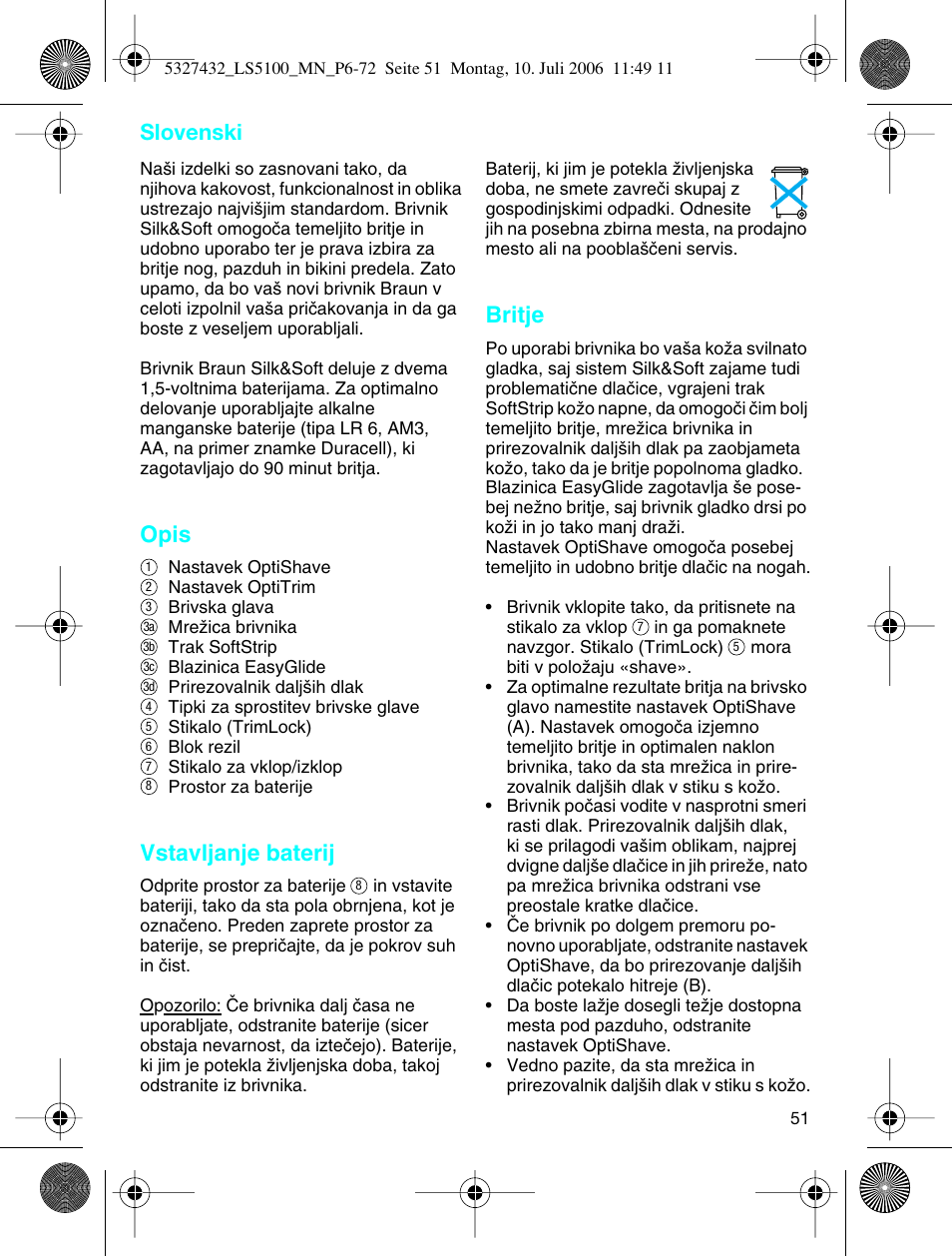 Opis, Vstavljanje baterij, Britje | Slovenski | Braun LS 5100 User Manual | Page 50 / 66
